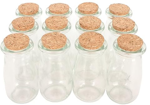 SIYANO 12 botellas de vidrio transparente de 100 ml, pequeñas botellas de vidrio, mini botellas de leche, tarros de vidrio vintage, botellas de deseos para mermelada de pudín de yogur
