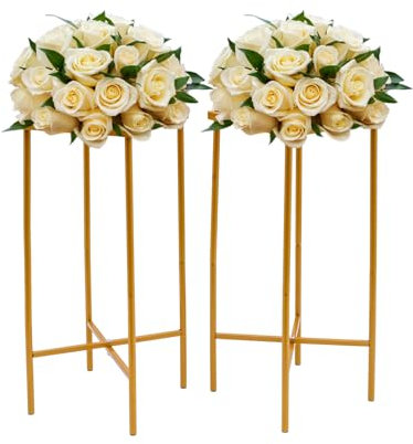 Blumenständer Set Dekosäule Pflanzenständer Metall Gold Blumenhocker Hochzeit Tafelaufsätze Hintergrund Ständer Querstange Faltbar (2, 23x23x57cm)