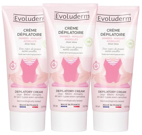 EVOLUDERM – Crème Dépilatoire Jambes - Maillot - Aisselles – 150 ml – 86% d’Origine Naturelle – Végan – Fabrication Française – Lot de 3 x 150 ml