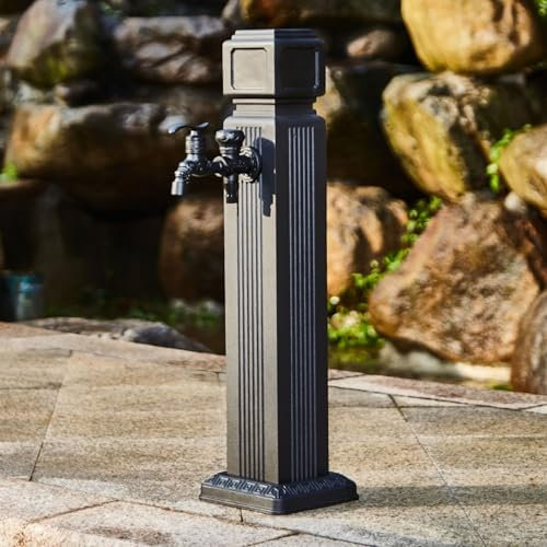 Freestanding Garden Water Column, Outdoor Patio Water Faucet Post/Courtyard Fountain Tap Pillar with Spout & Hose Rack, Anti-Freezing Retro Watering Irrigation Systems Stand