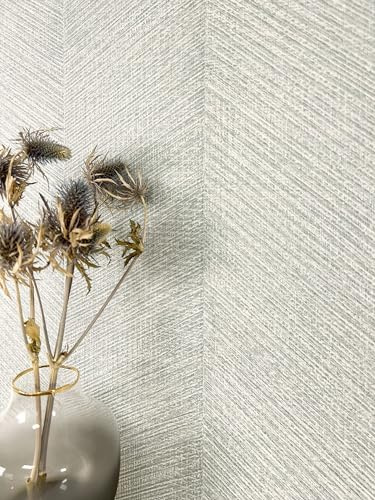 Newroom Vliestapete Grau Streifen Chevron Wohnzimmer Modern Tapete | feines Fischgrätmuster in Hellgrau und Beige, textile Gewebestruktur, matt, Mustertapete skandinavisch minimalistisch Flur