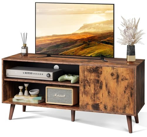 WLIVE TV Schrank für Fernseher bis zu 55 Zoll,TV Lowboard mit Offenen Stauraum, Fernsehtisch für Wohnzimmer und Schlafzimmer, Vintagebraun-Schwarz