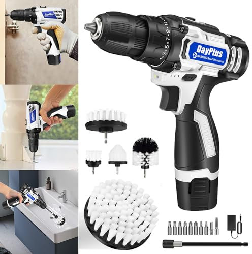 Drill Set - Power Screwdriver Set - Cordless Drill Brush Kit - with 2X Batteries, Charger, 5X Cleaning Brush, 1 Extend Attachment and 10x Drill Bits - for Tightening/Loosening Screws and Cleaning