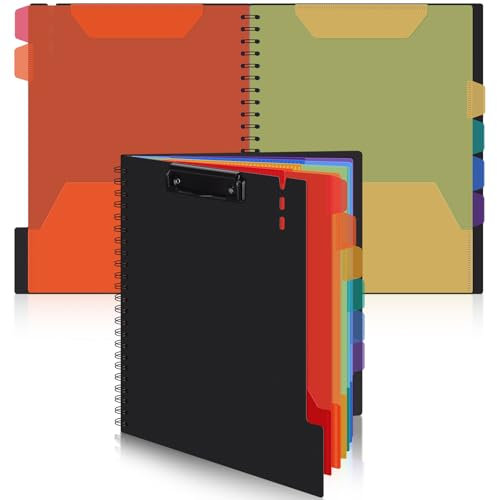 Uquelic Porte Documents A4 - Planchettes à Pince Folio, Chemise à spirale avec 6 intercalaires de couleur 12 poches, Rangement de dossiers de projets pour bureau (Noir, A4)
