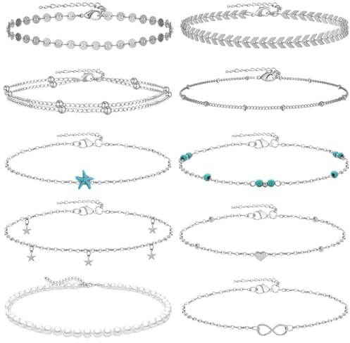 Lucktao 10 Stück Fußkettchen für Frauen, Türkis, Perlen, Mehrschichtige, Boho Beach Sommer Fußkettchen mit Grüner Seestern, Verstellbarer Karabinerverschluss (Silber)