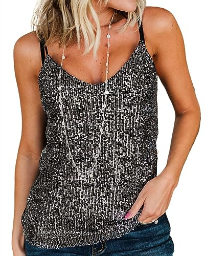AirMood Frauen Sexy U-Ausschnitt Sparkle Shimmer Tank Westen Pailletten Tops Disco Pailletten Tank Schwarz, Silber, XL