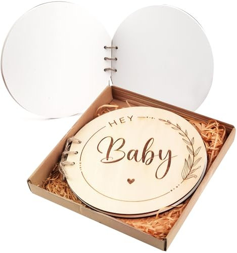 Gästebuch Babyparty mit Holzeinband,Hey Baby GäStebuch Taufe,Babyparty Gästebuch Erinnerungsalbum mit Blanko Seiten als Babyparty Geschenk für Werdende Eltern