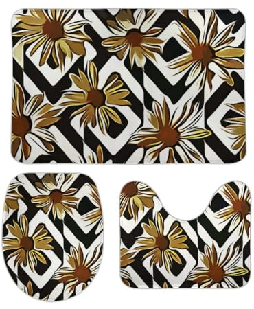 Wc Vorleger Set 3 Teilig Abstrakte Kleine Blume Schwarze Weiße Linien Badteppich-Set 3-Teilig Waschbar U-Förmiger Teppich Weiches Badezimmer-Garnitur Für Badewanne Dusche Badezimmer