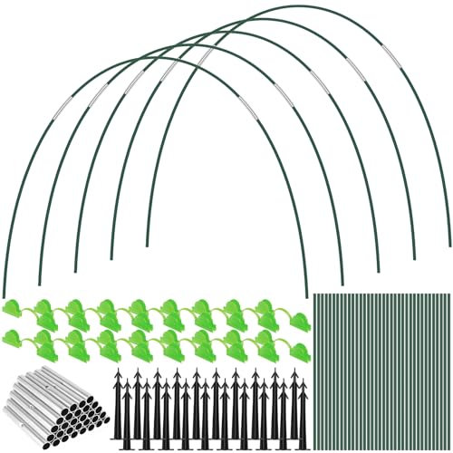 36Pcs Greenhouse Hoops for Raised Beds,Detachable Fiberglass Support Hoops Frame with 30 Connection Pipes 18 Clips 20 Ground Nails, Rust-Free Grow Tunnel Garden Hoops for Garden Netting (Set B)