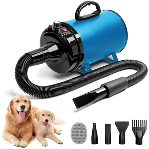 Blanlody Hundefön Blower Sehr Leise 5.2 PS / 3800W (Blue) | Motor mit einstellbarer Geschwindigkeit, Hundepflege-Trockner-Gebläse mit 4 Düsen, elastischem Schlauch und Pflegebürste