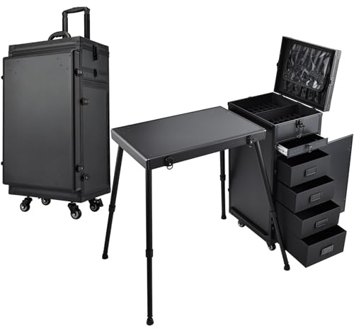 Trolley Make up con Tavolo e 5 Cassetti Valigetta Unghie con Ruote Professionale Valigetta Cosmetici Valigetta Trucchi Valigetta Parrucchieri Tavolo per Manicure Stazione Mobile per il Trucco, Nero