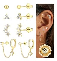 JeweBella 4 Pairs 925 Sterling Silver Gold Stud Hoop Earrings Set for Women 18K Gold Plated Chain Earrings Stacks Tragus Helix Piercing Jewellery Hypoallergenic Cartilage Earrings Set(Gold/Silver)
