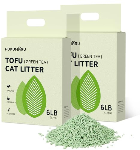 FUKUMARU Lettiera per Gatti al Tofu 5.4 kg - Lettiera Agglomerante per Gatti, Controllo degli Odori con Aroma di Tè Verde, Senza Polvere e Facile da Agglomerare, Smaltibile nel WC.