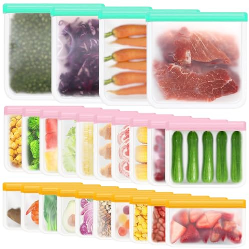 JOAASU 24 Pack Reusable Freezer Bags, 3 Sizes Silicone Freezer Bags, Food Storage Bag, Reusable Food Pouches, Silicone Food Bag for Sandwich, Snack, Fruit, Vegetables, Meat (Green+Pink+Orange)