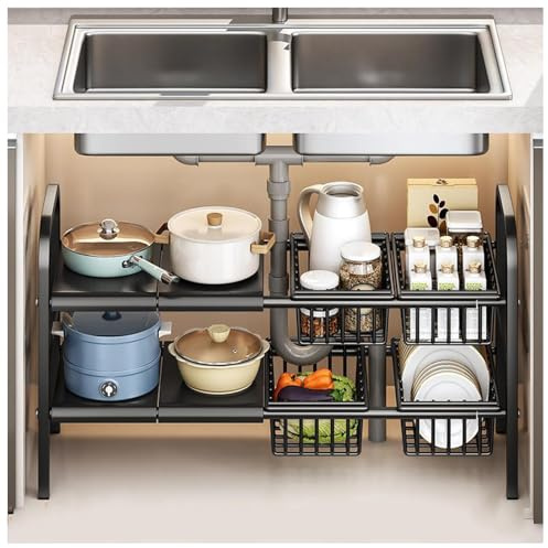 Under Sink Storage Kitchen Organiser, 2 Tier Expandable Under Sink Shelf with 4 Removable Panels and 4 Storage Basket, Multi-Purpose Organiser for Kitchen, Bathroom (Black)