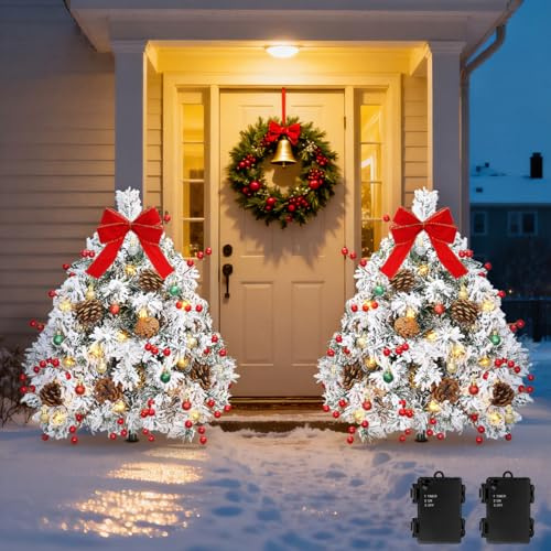 Lewondr 2 PCS Prelit Weihnachtsbäume Wegeleuchte, 27,56 Weihnachtsbaum Lampe Außen mit 50 LED Lichtern, Tannenzapfen & Rot Beeren, Batteriebetrieben Weihnachtsdeko für Garten Haus, Weiß Schneeflocke