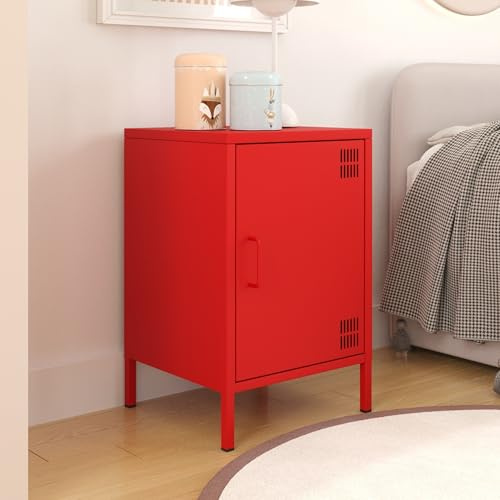 furni24 Pera Metall Nachtschrank – Retro Kommode aus Metall – Modernes Sideboard mit praktischer Aufbewahrung – Leicht zu reinigen – Robuste und stilvolle Lösung für Wohnzimmer und Schlafzimmer, Rot