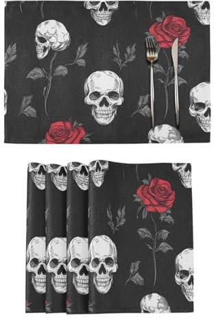 Skull and Rose Black Valentine Decorative placemats for kids reusable non slip underplate mat tapetes para la mesa de comedor set of 6 12x18