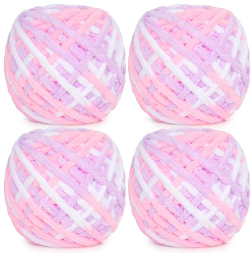 Aeelike Chunky Yarn for Crochet - 4 x 100g Soft Multi Coloured Crochet Yarn - Thick Chunky Wool for Knitting Blankets, Sweaters, Bags & Plush Projects - Pink Purple and White Fluffy Ombre Yarn