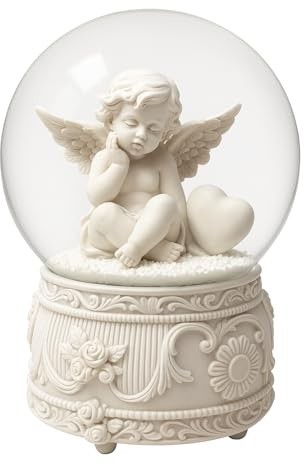 Battery Operated Angel Snow Globe 100mm – White Angel Figurine with Heart – LED Light Musical Snow Dome – Elegant Home Décor, Memorial Keepsake, Wedding & Anniversary Ornament JR5200