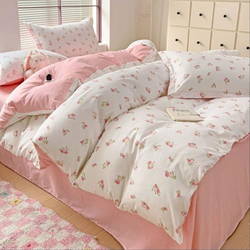 Nyescasa Double Bed Duvet Cover Sets White Pink Flowers Floral Microfibre Reversible Bedding Set 3pcs Botanical Aesthetic Quilt Comforter Cover 200x200 with Zipper Closure and 2 Pillowcases 50x75 cm