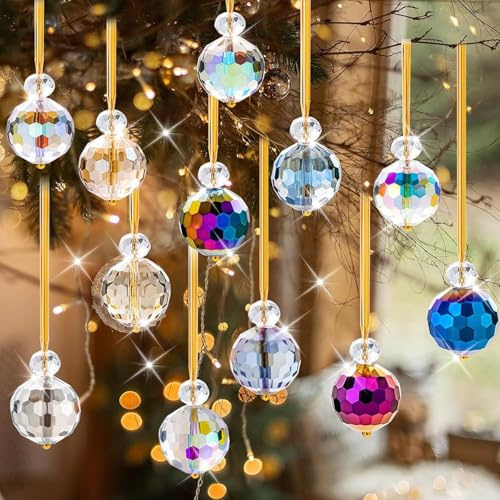 12pcs Christmas Tree Decorations Crystal Ball Hanging Ornaments, 22mm Crystal Glass Christmas Balls Ornaments, Rainbow Christms Prism Crystal Glass Balls, for Xmas Party Wedding Home Decor