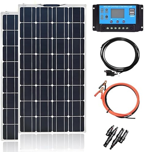 CIELOBLOEN Kit Panel Solar Flexible 100W-1000W Completo | Placa Solar Monocristalina con Controlador 40A | 12V/24V | para Autocaravana, Barco, Caravana, Balcón 2PC200W