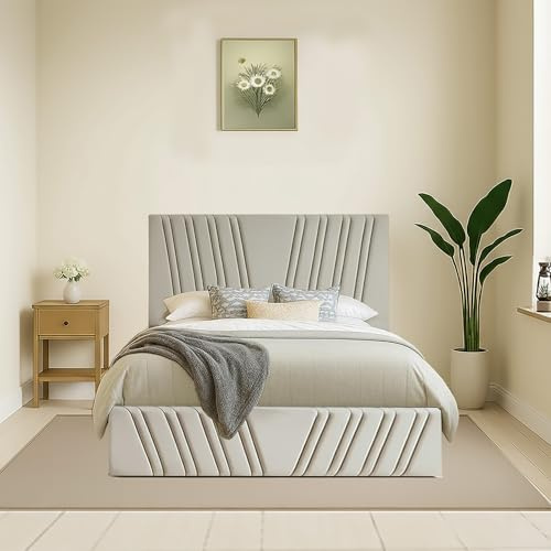 Cream Sleigh Ottoman Bed Frame with Luxurious Spring Memory Foam Mattress | 48” Salena Headboard & Footboard (4FT6 Double)