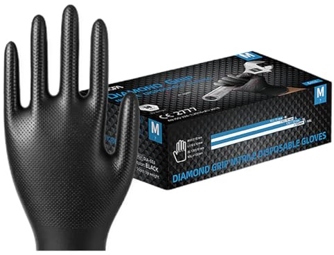 KINGFA DIAMOND GRIP Extra Stark Nitrilhandschuhe | Hochfeste, texturierte Einweghandschuhe für Kfz, Industrie & Labor | Arbeitshandschuhe Öl- und Chemikalienbeständig | 50 Stk/Box (200, Schwarz, XL)