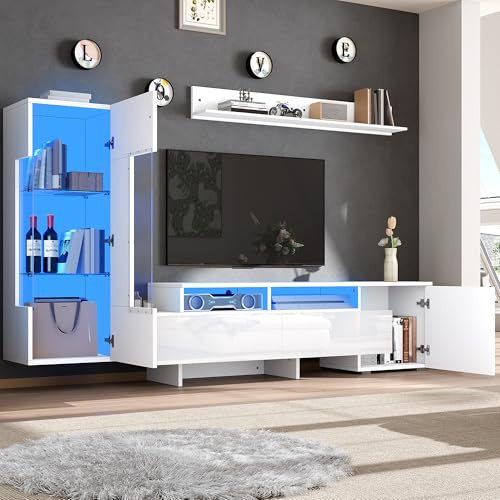Worletty Mueble de TV, mesa de televisión, juego de 3 piezas, muebles de salón de alto brillo con LED, moderno mueble de TV de pie y colgante, puertas de armario de acrílico, partición de cristal
