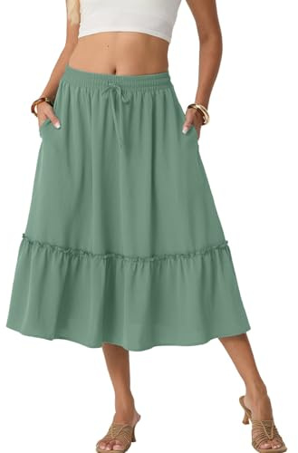 PrinStory Women's Summer Midi Skirts Ladies Boho Flowy Casual Elastic High Waist Skirts with Pockets