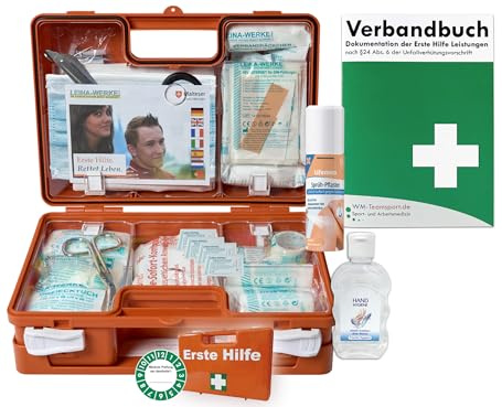 Erste-Hilfe-Koffer M1 INKL. Sprühpflaster & Hygiene-Gel nach aktueller DIN/EN 13157 für Betriebe inkl. Verbandbuch