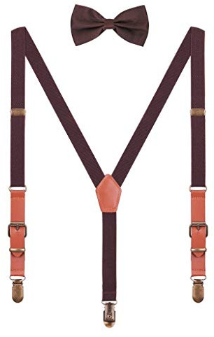 WANYING Barn baby småbarn pojkar flickor hängslen fluga set för 1–8 år gammal vintage stil 2 cm bredd 3 klämmor Y-form hängslen, Mörkbrun med fluga, 1-8 År