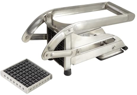 Coupe-frites ménager professionnel inox sur ventouse - Coupe légumes, accessoires frites maison, coupe frites manuel - 2 couteaux - 10 mm et 8 mm, Silver