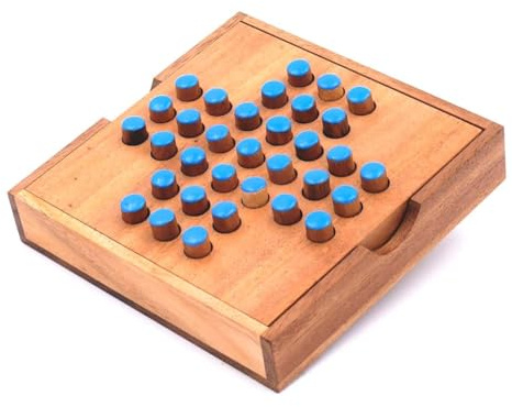 ROMBOL Solitaire, der unterhaltsame Klassiker aus edlem Holz mit praktischem Verschlussband, Farbe:Blau