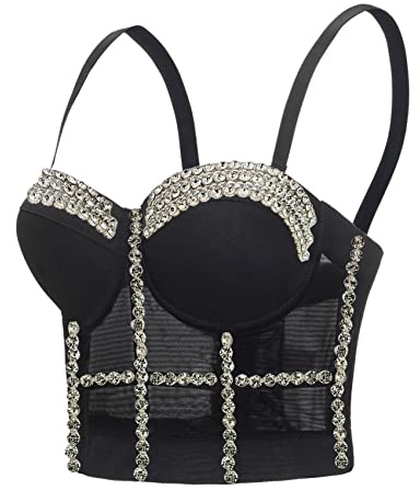 Woboren Reggiseno da donna clubwear party punk gotico corsetto push-up con strass diamante cime (Nero, S)