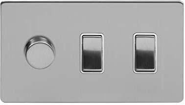 Soho Lighting Brushed Chrome 3 Gang Light Switch with 1 dimmer (2x 2 Way Switch & Trailing Dimmer) Wht Ins Screwless