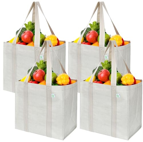 VENO 4-pack vikbara shoppingkassar med handtag och hård botten för att ställa upp, återanvändbara, kan användas som shoppingkorgar och väskor (beige, 4-pack)