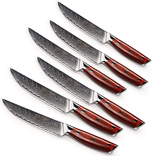 YARENH Steakmesser Set 6 Teilig,Steak Messer aus 67 Schichten Damaststahl, Extra Scharf Geschliffener, Damast Steakbesteck KTF-Serie