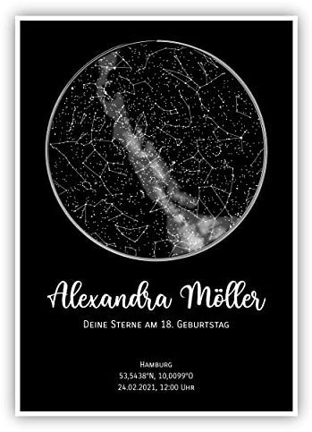 WUNDERLAND EDITION Personalisierte Sternenkarte - Sternenhimmel Poster - Die Sternenkarte vom Wunschdatum mit Wunschtext - Personalisiertes Geschenk - Geburtstag, Geburt, Hochzeit, Valentinstag