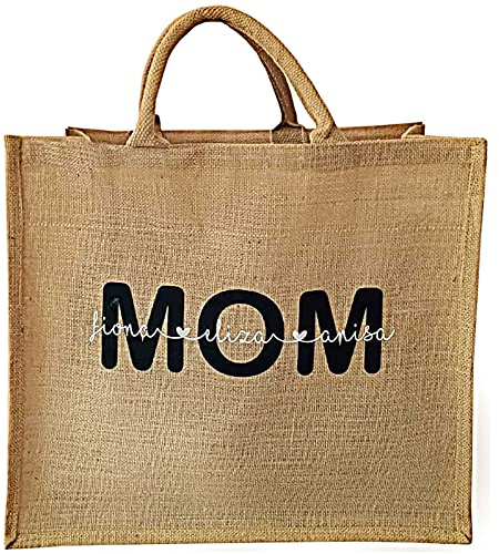 mamir home Jute Tasche Personalisiert MOM Mama Oma Namen Kinder - Filztaschen Shopper - XL 45x39x21cm Einkaufstasche Strand - Personalisierte Geschenke Frauen