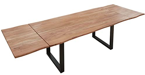 SAM Baumkantentisch 140 (220) x 90 cm Norina, Akazienholz massiv & stonefarben lackiert, Esszimmertisch inkl. 2 Ansteckplatten, echte Baumkante, Esstisch mit U-Metallgestell in Schwarz