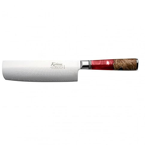 Katana Saya Elements 18 cm Nakiri-kniv, vulkanröd – Högkolhaltigt VG-10 Damaskusstål för extrem hårdhet och skärpa – Handtag i naturligt olivträ och harts