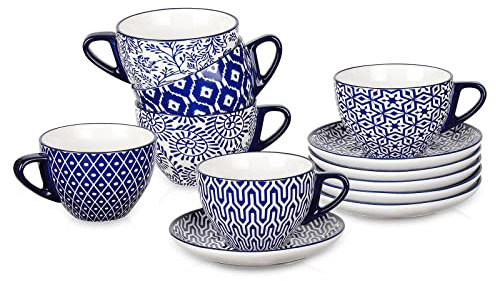Selamica Ceramic 8 oz Cappuccino Cup Set with Saucers, Espresso Coffee Cups, Latte Macchiato for Party Cafe Home, Set of 6, Vintage Blue