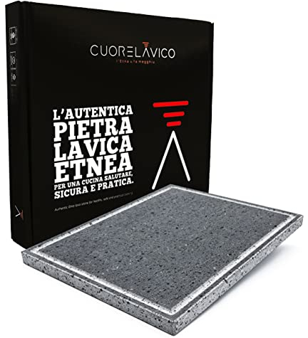 CUORE LAVICO - DAS ORIGINAL Italienischer Grillplatte - Lavastein Lavastein, 39 x 30 x 2 cm Dicke 2 cm mit Fettauffangrinne, Schamottstein, natürlich, bester Grillstein auch für Pizza Made in Italy