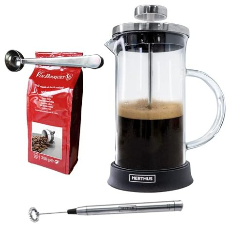 Nerthus FIH 1127 set cafetera francesa cristal 350 ml espumador y pinza para café
