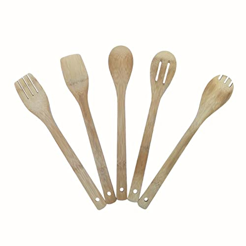 5 Utensilios de cocina de madera de bambú Utensilios de cocina madera para cocinar 5 utensilios de bambú resistentes y elegantes 3 cucharas diferentes y 2 palas con y sin ranuras (5x)