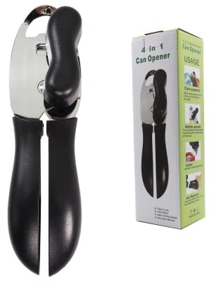 4 in 1 Manual Can Opener for Tins Beer Bottles Cans Safety/Smooth Edge and Heavy Duty Stainless Steel Black