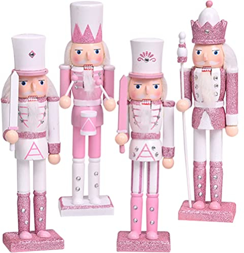 ABOOFAN 4pcs Christmas Nutcracker Figurines Pink Wooden Nutcracker Soldier Adornments Set for Holiday Desktop Decoration Christmas Keepsake 2022(24cm)