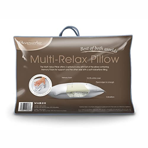 Sleepworks Multi-Relax, Dual Layer Reversible Pillow, Half Memory Foam & Half Super Soft Hypo-Allergenic Hollowfibre, Medium & Firm Support, Side & Back Sleeper 230TC Cotton, Made In UK